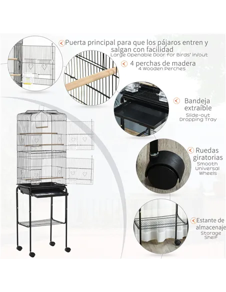 PawHut Bird Cage Budgie Cages for Finch Canary Parakeet with Stand Wheels Slide-out Tray Accessories Storage Shelf, Black 46.5 x