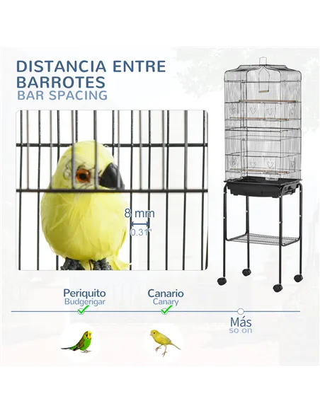 PawHut Bird Cage Budgie Cages for Finch Canary Parakeet with Stand Wheels Slide-out Tray Accessories Storage Shelf, Black 46.5 x