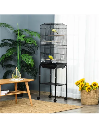 PawHut Bird Cage Budgie Cages for Finch Canary Parakeet with Stand Wheels Slide-out Tray Accessories Storage Shelf, Black 46.5 x