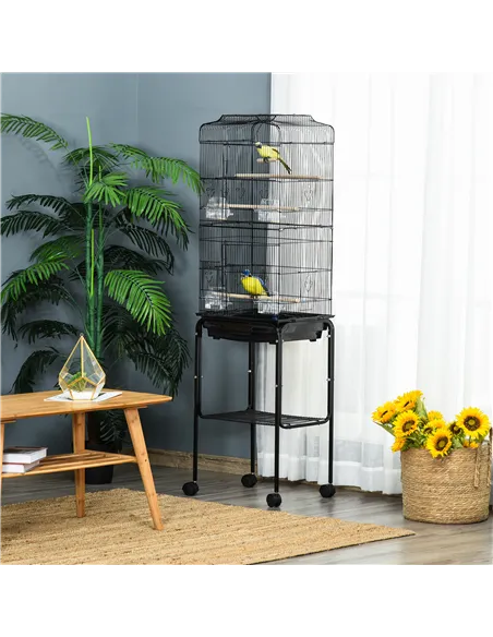 PawHut Bird Cage Budgie Cages for Finch Canary Parakeet with Stand Wheels Slide-out Tray Accessories Storage Shelf, Black 46.5 x