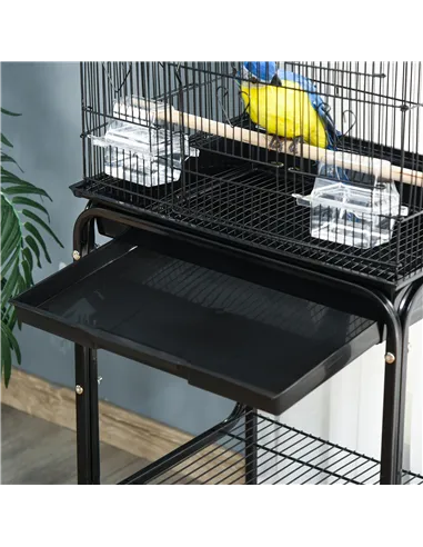 PawHut Bird Cage Budgie Cages for Finch Canary Parakeet with Stand Wheels Slide-out Tray Accessories Storage Shelf, Black 46.5 x