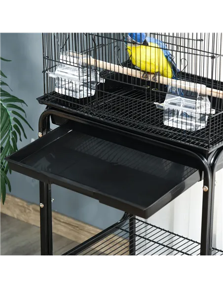 PawHut Bird Cage Budgie Cages for Finch Canary Parakeet with Stand Wheels Slide-out Tray Accessories Storage Shelf, Black 46.5 x