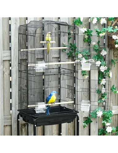 PawHut Bird Cage Budgie Cages for Finch Canary Parakeet with Stand Wheels Slide-out Tray Accessories Storage Shelf, Black 46.5 x