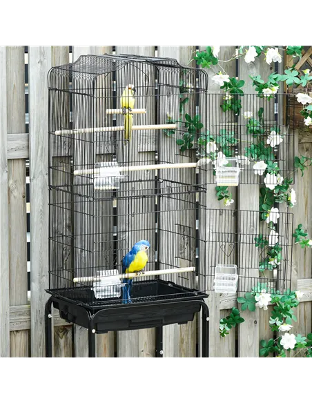 PawHut Bird Cage Budgie Cages for Finch Canary Parakeet with Stand Wheels Slide-out Tray Accessories Storage Shelf, Black 46.5 x