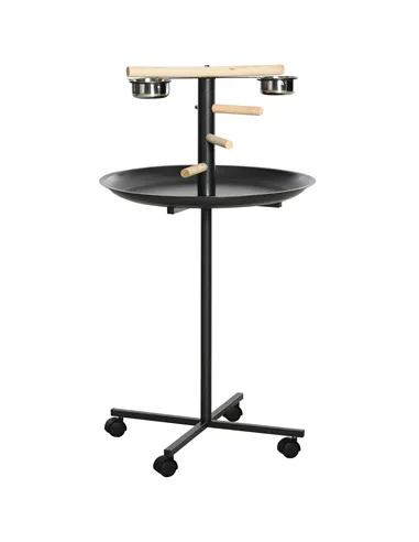 PawHut Metal Bird Table Play Stand, Bird Feeder Station Parrot Perch with Four Wheels Feeding Bowls Round Tray