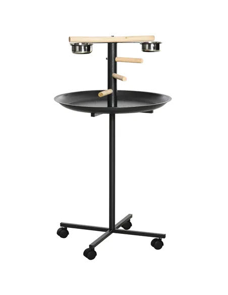 PawHut Metal Bird Table Play Stand, Bird Feeder Station Parrot Perch with Four Wheels Feeding Bowls Round Tray