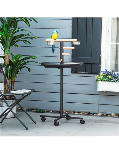 PawHut Metal Bird Table Play Stand, Bird Feeder Station Parrot Perch with Four Wheels Feeding Bowls Round Tray