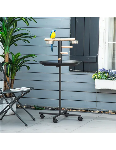 PawHut Metal Bird Table Play Stand, Bird Feeder Station Parrot Perch with Four Wheels Feeding Bowls Round Tray