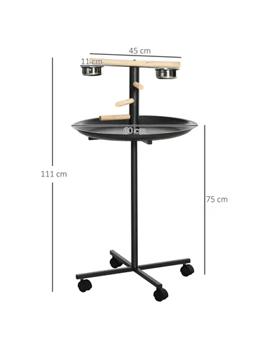 PawHut Metal Bird Table Play Stand, Bird Feeder Station Parrot Perch with Four Wheels Feeding Bowls Round Tray