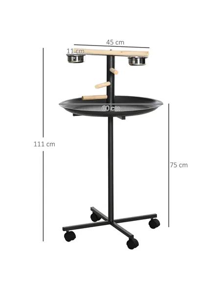 PawHut Metal Bird Table Play Stand, Bird Feeder Station Parrot Perch with Four Wheels Feeding Bowls Round Tray
