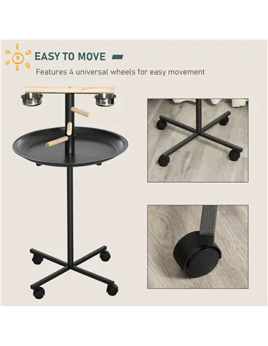 PawHut Metal Bird Table Play Stand, Bird Feeder Station Parrot Perch with Four Wheels Feeding Bowls Round Tray