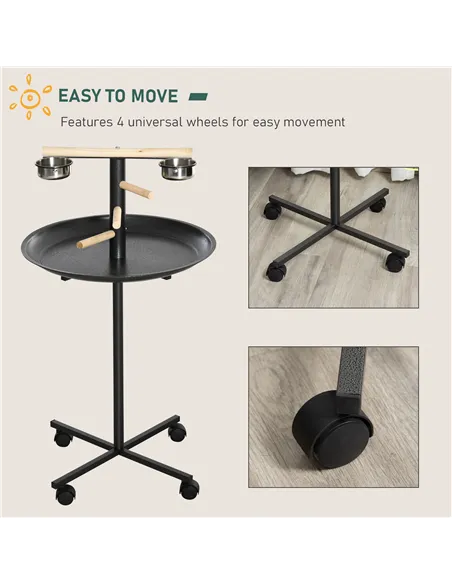 PawHut Metal Bird Table Play Stand, Bird Feeder Station Parrot Perch with Four Wheels Feeding Bowls Round Tray