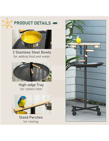 PawHut Metal Bird Table Play Stand, Bird Feeder Station Parrot Perch with Four Wheels Feeding Bowls Round Tray