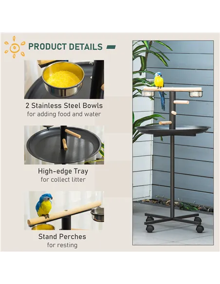PawHut Metal Bird Table Play Stand, Bird Feeder Station Parrot Perch with Four Wheels Feeding Bowls Round Tray