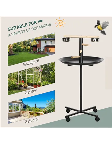 PawHut Metal Bird Table Play Stand, Bird Feeder Station Parrot Perch with Four Wheels Feeding Bowls Round Tray