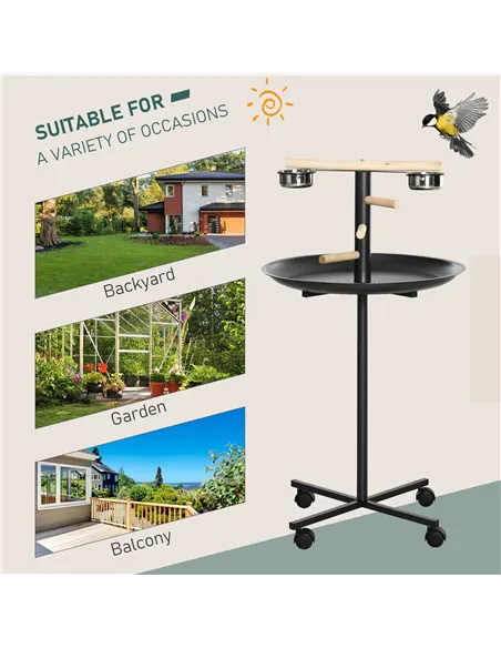 PawHut Metal Bird Table Play Stand, Bird Feeder Station Parrot Perch with Four Wheels Feeding Bowls Round Tray
