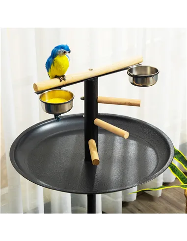PawHut Metal Bird Table Play Stand, Bird Feeder Station Parrot Perch with Four Wheels Feeding Bowls Round Tray