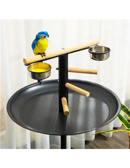 PawHut Metal Bird Table Play Stand, Bird Feeder Station Parrot Perch with Four Wheels Feeding Bowls Round Tray