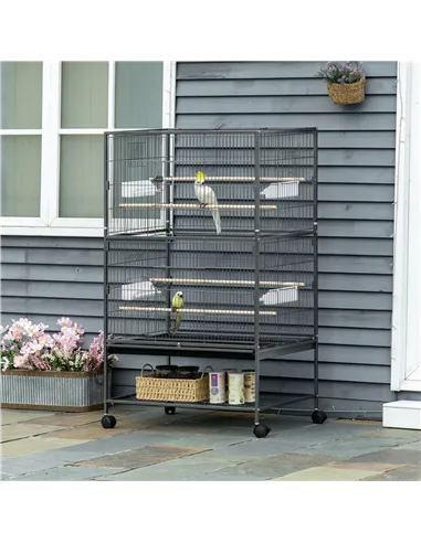 PawHut Large Bird Cage Budgie Cage for Finch Canaries Parakeet with Rolling Stand, Slide-out Tray, Storage Shelf, Food Container