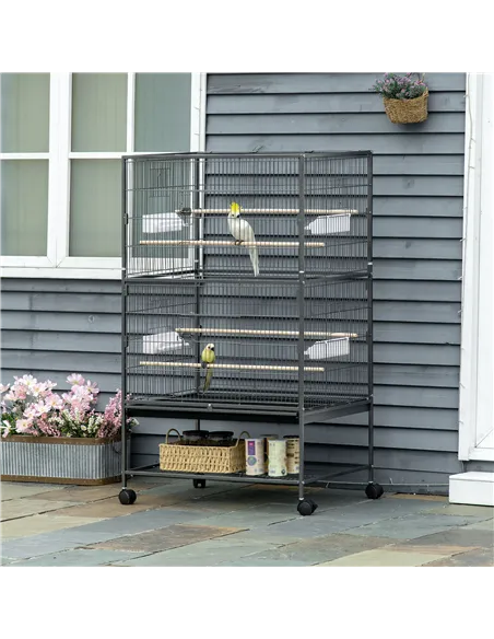 PawHut Large Bird Cage Budgie Cage for Finch Canaries Parakeet with Rolling Stand, Slide-out Tray, Storage Shelf, Food Container