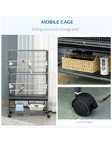 PawHut Large Bird Cage Budgie Cage for Finch Canaries Parakeet with Rolling Stand, Slide-out Tray, Storage Shelf, Food Container