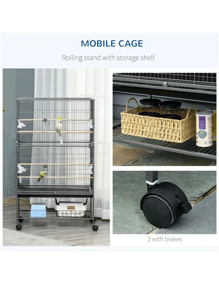 PawHut Large Bird Cage Budgie Cage for Finch Canaries Parakeet with Rolling Stand, Slide-out Tray, Storage Shelf, Food Container