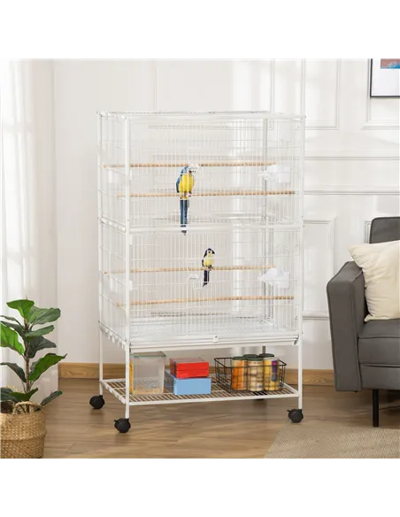 PawHut Large Bird Cage Budgie Cage for Finch Canaries Parakeet with Rolling Stand, Slide-out Tray, Storage Shelf, Food Container