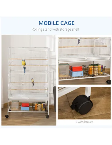 PawHut Large Bird Cage Budgie Cage for Finch Canaries Parakeet with Rolling Stand, Slide-out Tray, Storage Shelf, Food Container