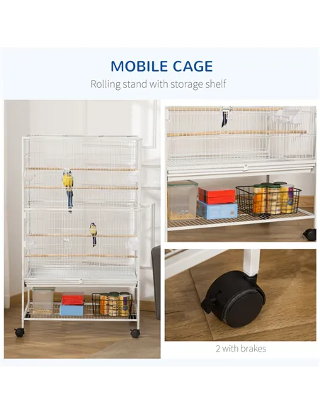 PawHut Large Bird Cage Budgie Cage for Finch Canaries Parakeet with Rolling Stand, Slide-out Tray, Storage Shelf, Food Container