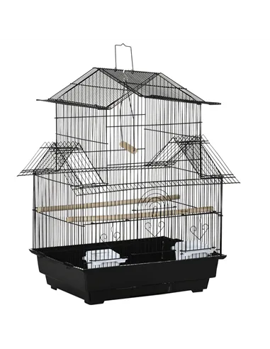 PawHut Metal Bird Cage with Plastic Swing Perch Food Container Tray Handle for Finch Canary Budgie 43.5 x 33 x 63 cm, Black