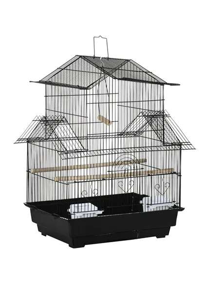 PawHut Metal Bird Cage with Plastic Swing Perch Food Container Tray Handle for Finch Canary Budgie 43.5 x 33 x 63 cm, Black