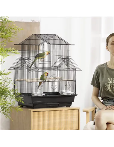 PawHut Metal Bird Cage with Plastic Swing Perch Food Container Tray Handle for Finch Canary Budgie 43.5 x 33 x 63 cm, Black