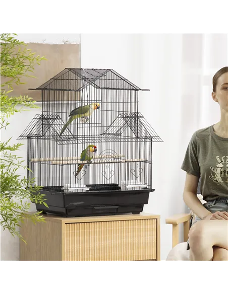 PawHut Metal Bird Cage with Plastic Swing Perch Food Container Tray Handle for Finch Canary Budgie 43.5 x 33 x 63 cm, Black