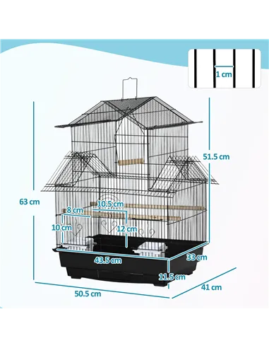 PawHut Metal Bird Cage with Plastic Swing Perch Food Container Tray Handle for Finch Canary Budgie 43.5 x 33 x 63 cm, Black