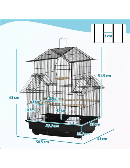 PawHut Metal Bird Cage with Plastic Swing Perch Food Container Tray Handle for Finch Canary Budgie 43.5 x 33 x 63 cm, Black