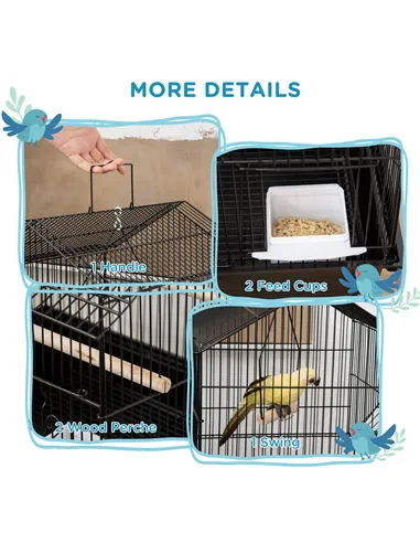 PawHut Metal Bird Cage with Plastic Swing Perch Food Container Tray Handle for Finch Canary Budgie 43.5 x 33 x 63 cm, Black