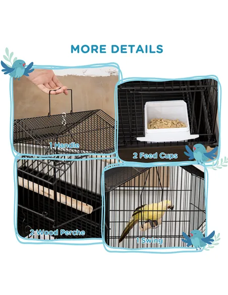 PawHut Metal Bird Cage with Plastic Swing Perch Food Container Tray Handle for Finch Canary Budgie 43.5 x 33 x 63 cm, Black