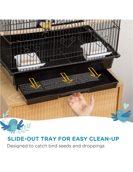 PawHut Metal Bird Cage with Plastic Swing Perch Food Container Tray Handle for Finch Canary Budgie 43.5 x 33 x 63 cm, Black