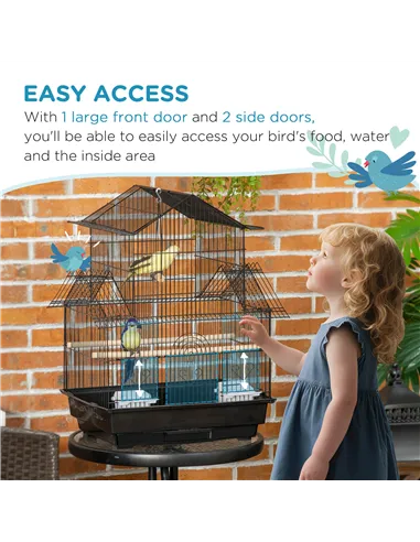 PawHut Metal Bird Cage with Plastic Swing Perch Food Container Tray Handle for Finch Canary Budgie 43.5 x 33 x 63 cm, Black