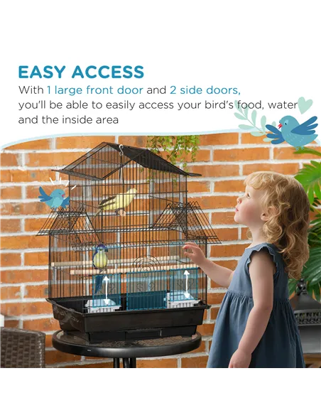 PawHut Metal Bird Cage with Plastic Swing Perch Food Container Tray Handle for Finch Canary Budgie 43.5 x 33 x 63 cm, Black