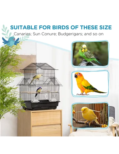 PawHut Metal Bird Cage with Plastic Swing Perch Food Container Tray Handle for Finch Canary Budgie 43.5 x 33 x 63 cm, Black