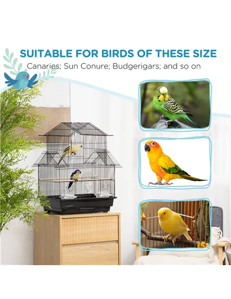 PawHut Metal Bird Cage with Plastic Swing Perch Food Container Tray Handle for Finch Canary Budgie 43.5 x 33 x 63 cm, Black