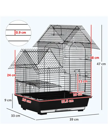 PawHut Metal Bird Cage for Finch, Canary w/ Food Containers, Swing Ring, Tray, Handle, 39 x 33 x 47cm