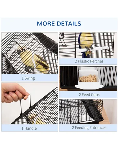 PawHut Metal Bird Cage for Finch, Canary w/ Food Containers, Swing Ring, Tray, Handle, 39 x 33 x 47cm