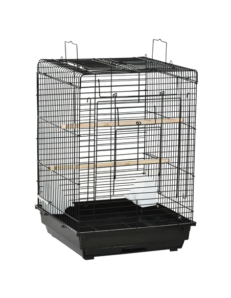 PawHut Steel Bird Cage with Openable Top, Stand, Tray, Handles, Feeding Bowls for Parakeet, Finch - Black
