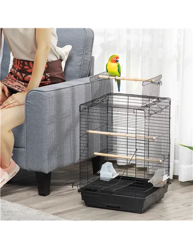 PawHut Steel Bird Cage with Openable Top, Stand, Tray, Handles, Feeding Bowls for Parakeet, Finch - Black