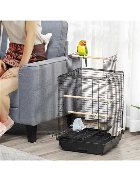PawHut Steel Bird Cage with Openable Top, Stand, Tray, Handles, Feeding Bowls for Parakeet, Finch - Black