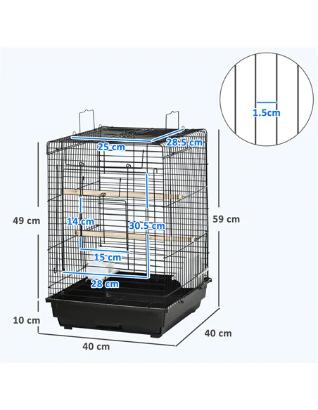 PawHut Steel Bird Cage with Openable Top, Stand, Tray, Handles, Feeding Bowls for Parakeet, Finch - Black
