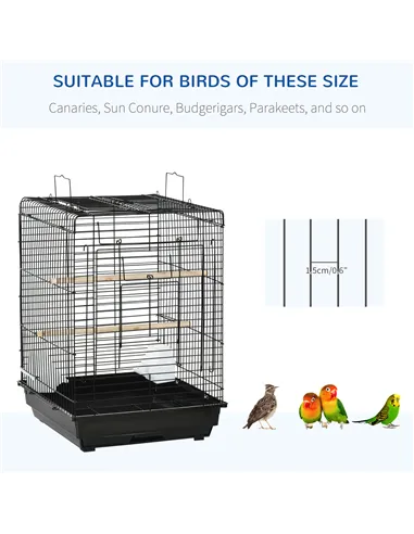 PawHut Steel Bird Cage with Openable Top, Stand, Tray, Handles, Feeding Bowls for Parakeet, Finch - Black