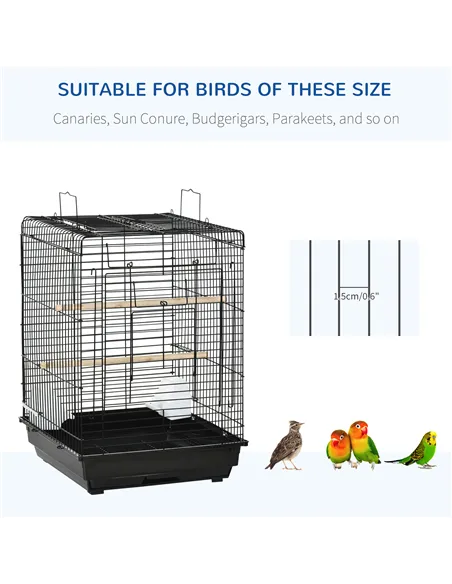 PawHut Steel Bird Cage with Openable Top, Stand, Tray, Handles, Feeding Bowls for Parakeet, Finch - Black